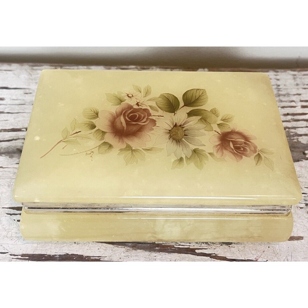 Vintage Italian Alabaster Jewelry Trinket Box Deisgned By Himark Gift Ware ITALY